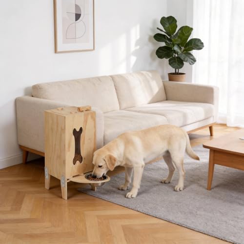 Dog Food Storage Cabinet with Elevated Bowls Wooden Kibble Dispenser & Feeding Station Furniture for Medium and Large Dogs Airtight Pet Food Storage Organizer