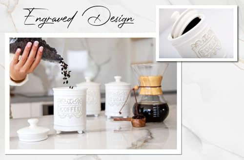 25DOL 35 Ounce Elegant Ceramic Kitchen Canisters Set of 3 - Beautifully Engraved Coffee Tea Sugar Storage Containers Airtight with Feet for Added Style and Stability - Ceramic Jar with Airtight Lid by 25DOL - Used condition - Image 4