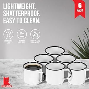 Red Co. Set of 6 Enamelware Metal Medium Classic 12 Oz Round Coffee and Tea Mug with Handle, Distressed White/Black Rim Red Co Set of 6 Enamelware Metal Medium Classic 12 Oz Round Coffee and Tea Mug with Handle Distressed WhiteBlack Rim