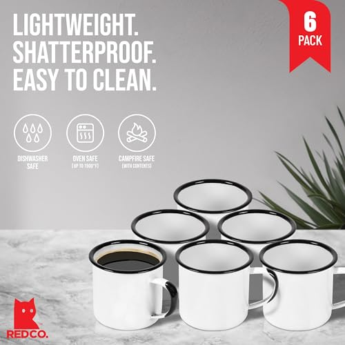 Red Co Set of 6 Enamelware Metal Medium Classic 12 Oz Round Coffee and Tea Mug with Handle Distressed WhiteBlack Rim
