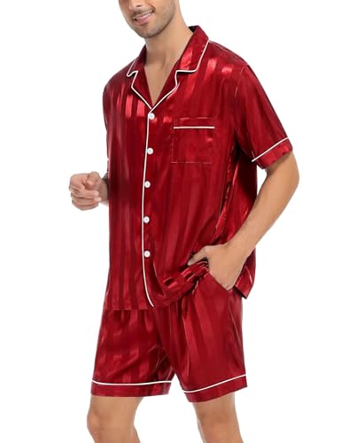 SWOMOG Men Satin Silk Pajamas Sets Short Sleeve Sleepwear Button-Down PJs Sets Two-Pieces Loungewear with Pockets