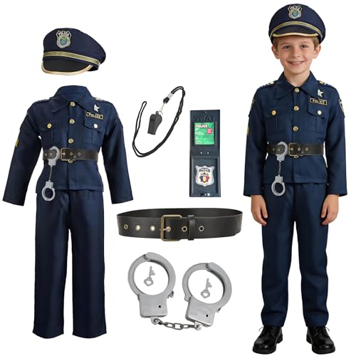 Crunier Deguisement Policier 130 cm, Costume de Police Cosplay avec Accessoires pour garçons Filles, Costume de Police Carnaval, Cosplay (Noir)