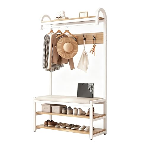 ZENSTYW Perchero De Entrada Con Banco Y Zapatero,Estante Multifuncional Para Ropa,Zapatos Y Bolsos,Estructura Metálica Resistente,Para Recibidor,Salón Y Dormitorio(White,80cm/31.5in)
