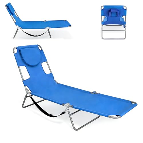 Beach Lounge Chair, Folding Outdoor Chaise Lounge, Portable Adjustable Tanning Recliner for Lawn Pool Patio Yard Camping, Blue 182 * 56 * 30Cm