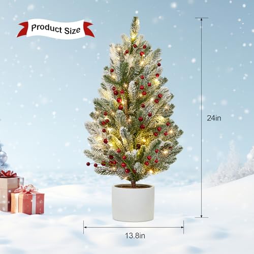 24 Inch Pre-lit Table Top Christmas Tree with Lights, Artificial Small Green Christmas Tree with Cement Basin Base, Miniature Pine Christmas Trees for Table Office Dorm Desk Decorations
