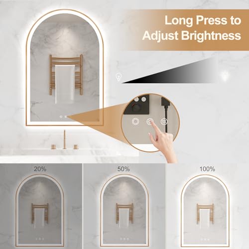 Image of Arched LED Mirror for Bathroom 24 inchx36 inch, Orange Gold LED Bathroom Mirror with Lights, Fogless, Dimmable, Shatterproof, Touch Sensor, 3 Color Changing