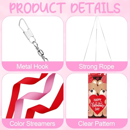4 Pcs Valentine\'s Day Windsock Flags 51.57 Inch Heart & Love Themed Hanging Wind Socks Red Pink Valentines Decorations with Metal Hook Valentine\'s Day Party Supplies for Outdoor Yard Porch Garden