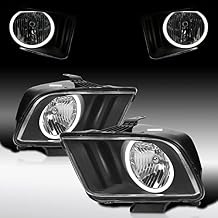 Autozensation Compatible with 2005-2009 Ford Mustang, Left + Right Pair Headlamps Assembly, Black Headlights w/LED Halo