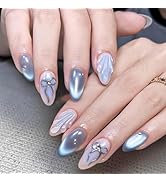 Medium Press on Nails Almond Cat's Eye French Tip Fake Nails Glue on Nails Press ons False Nails ...