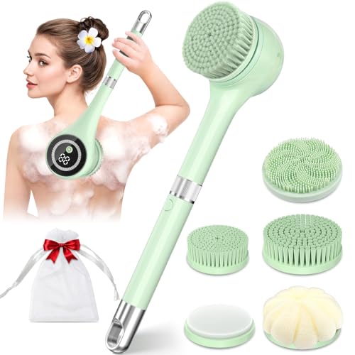 Electric Body Brush Back Scrubber for Shower Waterproof Long Handle Power Auto Body Scrubber with 5 Heads 3-Speed Rechargeable Bath Brush for Women Men Deep Cleansing Exfoliating Massage Skin