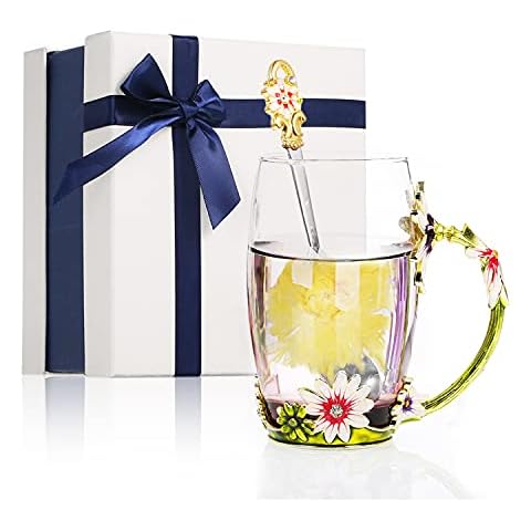 Irishom Rose Enamel Glass Craft Water Cup Drink Mug with Handle Design Flower Tea Coffee Cup with Spoon Cleaning Cloth Set Cover