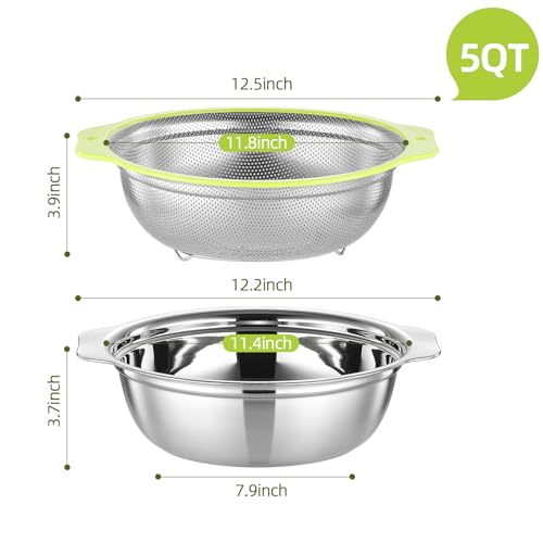 AHIABOAT Colander Stainless Steel Microporous, 5QT Large Capacity Rice Washer with Mixing Bowl, 12.5’’Rice Strainer Bowl Set with Handle, Food-Grade Strainers and Colanders for Washing Rice, Pasta by AHIABOAT - Image 3