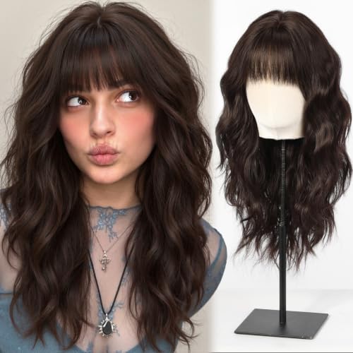 testar Brown Wigs for White Women 20 Inch With Bangs Hair Replacement Wigs Realistic Looking Synthetic Curly Wigs For Daily Party Use