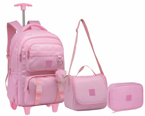 Kit Mochila Feminina De Rodinha Juvenil Escolar Com Chaveiro Abertura 180°. (ROSA)