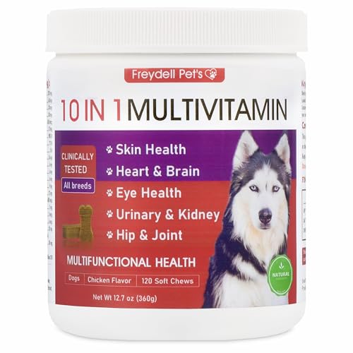 Freydell Pets 10-in-1 Multivitamin Dog Supplement &ndash; Glucosamine & Chondroitin Joint Support, Probiotics for Gut Health, Omega Fish Oil Skin & Coat, Immune & Allergy Support Vitamins (120 Chews)
