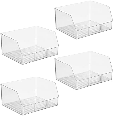 Cesta de plástico ancha para almacenamiento de alimentos de cocina, con frente abierto y portaetiquetas incorporado para gabinetes, despensa, 12 pulgadas de ancho, paquete de 4, transparente