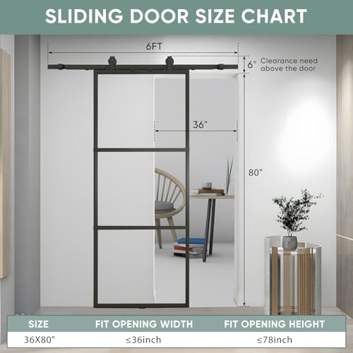 JUBEST 36in x 80in Glass Barn Door, Clear Tempered Glass Carbon Steel Pre Drilled Frame Sliding Barn Door Panel with 6FT Hardware Kit and Soft Close, Easy to Install