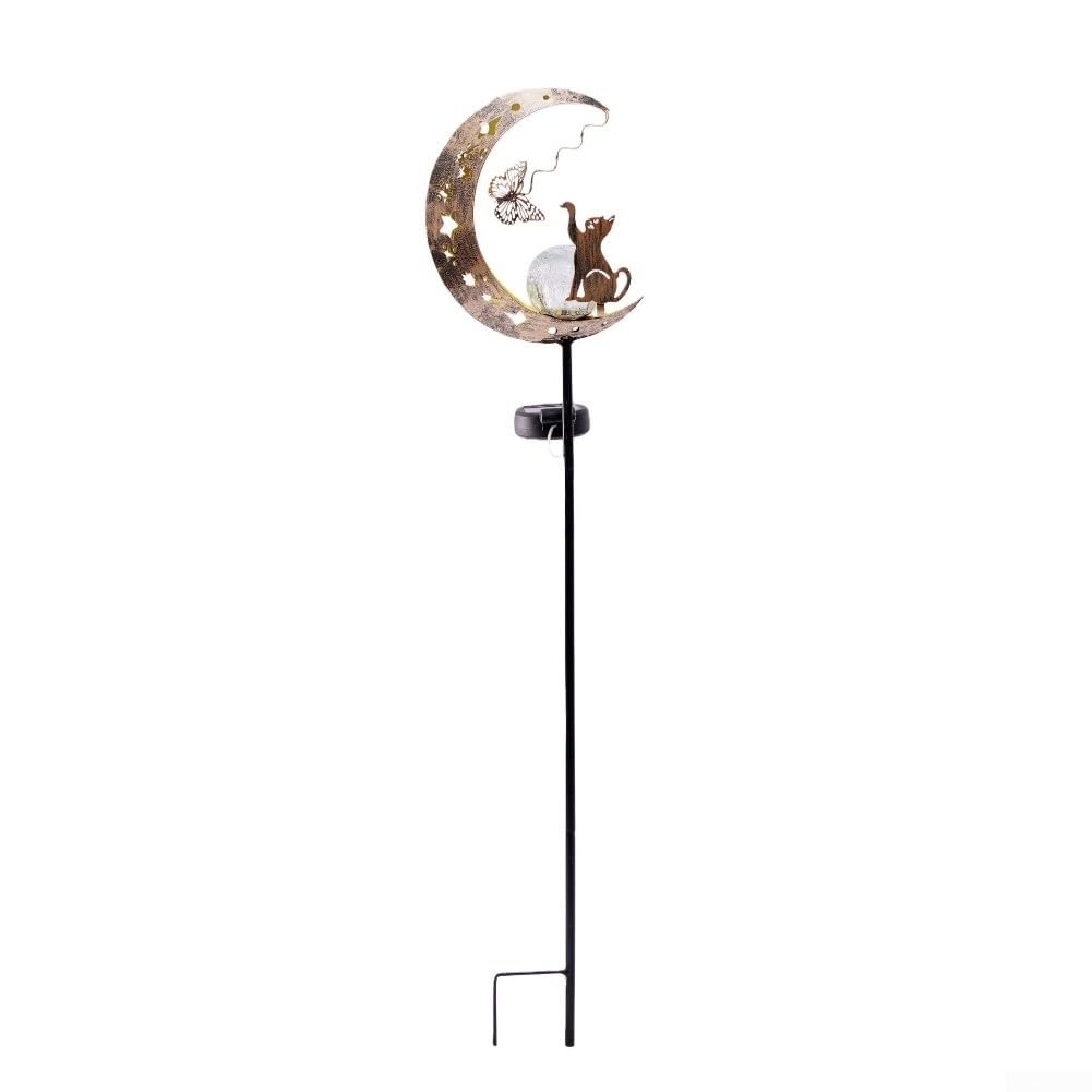 Todikaper Outdoor Solar Light with Iron Built Cat Silhouettes Encircling a Moon for Garden Pathway Lawn and Deck Decoration Use