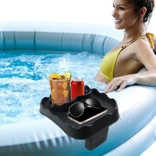 Hot Tub Table Tray Foldable Hot Tub Side Table Drink Caddy with 2 Cup Holders and Drain Holes Keep Snacks-Drinks Handy and Dry for Width 6.7-7.8in Inflatable Spa/Pool Black