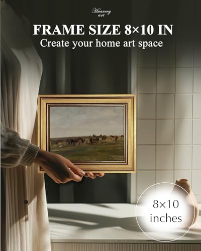 Image of HUARCEY Gold Framed Vintage Wall Art for Living Room, Animals Painting Prints Shelf Decor for Kitchen, Aesthetic Bedroom Wall Art, Best Gifts for Friends or Family - Horses in the Meadow 10L x 8W