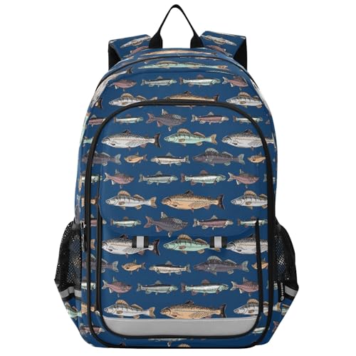 Fisyme Vintage Fishes Blue School Backpack Laptop Backpacks Bags Bookbag Travel Casual Computer Notebooks Daypacks