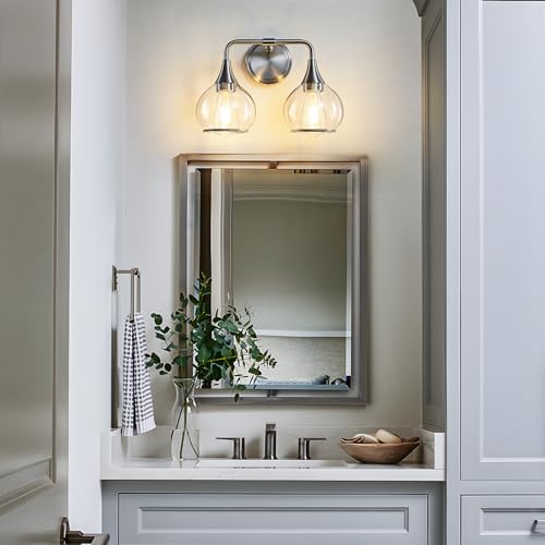Image of Brushed Nickel Bathroom Vanity Light 2 Lights Bathroom Light Fixtures Over Mirror with Clear Glass Shade 14 inch Wall Sconce Lighting Bath(Exclude E26 Bulb)