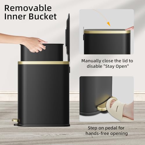 Image of KUK Small Bathroom Trash Can with Lid Soft Close, Step Pedal, 2.6 Gal Stainless Steel Garbage Can with Removable Inner Bucket, Anti-Fingerprint Wastebasket for Office, Bedroom, Toilet (Black)