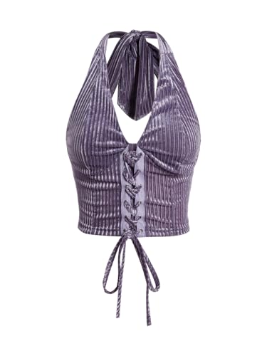 Verdusa Women's Western Halter Corset Tops Lace Up Backless Crop Top Purple