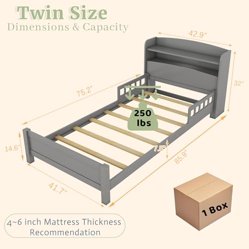 Mirightone Twin Bed Frames for Kids Twin Bed with Rails and Storage Headboard Low Platform Bed with LED Lights Wood Bed Frame for Boys Girls Teens, No Box Spring Needed, Grey