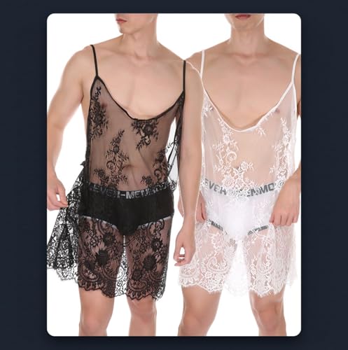 Men Lace Bathrobes Pajamas Loose Cover Ups Sexy Lace Lingerie Sissy2