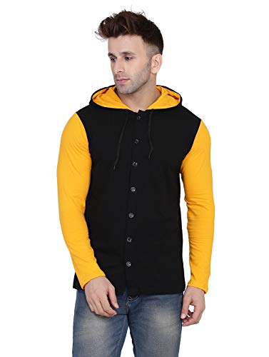 Image of Geum Men's Full Sleeve Hooded T-Shirt with Button-Down Front | Casual Slim Fit Cotton Shirt-Style Tee