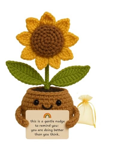 PERZUMI Crochet Sunflower with Positive Messages | Handmade Crochet Flower Desk Decor | Emotional Support Gift for Teacher, Friend, Coworkert | Light Brown Pot