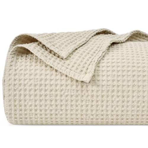 PHF Manta de malha waffle 100% algodão, tamanho individual, 130 x 150 cm, pré-lavada, leve, respirável, para o verão, certificado Oeko-TEX para cama, sofá, decoração de casa, linho/natural