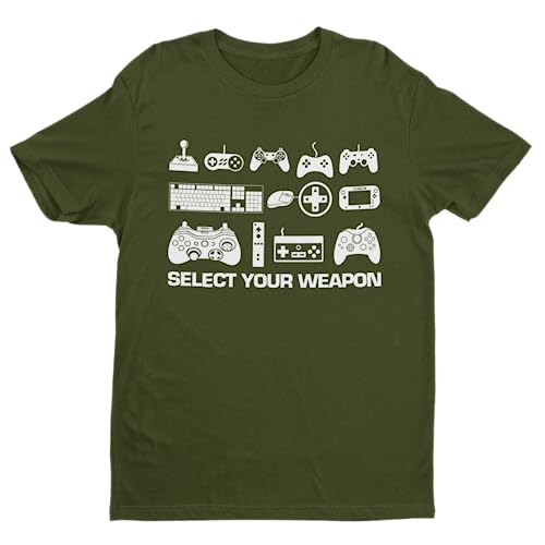 Image of Galaxy Tees Mens Select Your Weapon Retro Gaming Controllers T Shirt Gaming Classic Gift Idea Top Short Sleeved Military Green L