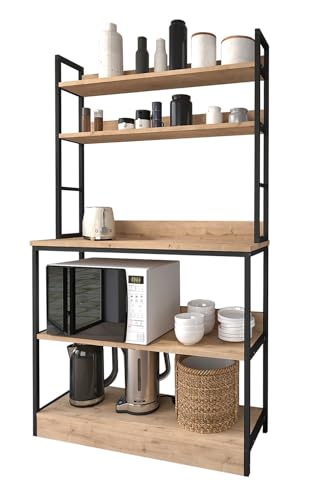 PEGANE Meuble de Cuisine, étagère de Cuisine Coloris chêne Cambrian, Noir - Longueur 101 x Profondeur 18/36 x Hauteur 161 cm