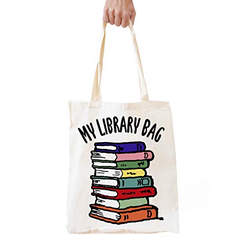Funny Library Theme Natural Cotton Canvas Reusable Tote Bag  Cute Eco-Friendly Cotton Tote Bag School Shoulder Bag Gifts for Bookworm Librarian Teens Women Friends Kids