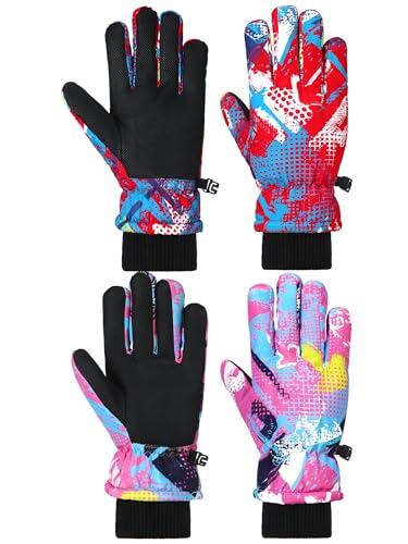 Honoson 2 Pairs Kids Snow Gloves Winter Waterproof Kids Ski Gloves Youth for Girls Boys Outdoor Toddler Snowboard Warm Clothe(Sweet Pattern,10-15...