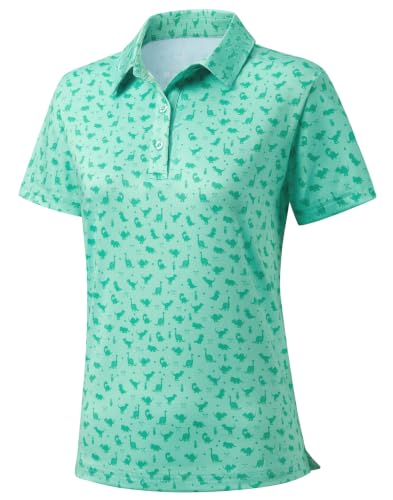 SANTINY Golf Polo Shirts for Women Short Sleeve Quick Dry 3 Buttons Collared Pickleball Shirt Summer Golf Tennis Tops (Green Dino_S)