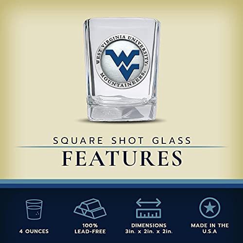 Heritage Pewter University Of West Virginia Square Shot Glass | Hand-Sculpted 1.5 Ounce Shot Glass | Intricately Crafted Metal Pewter Alma Mater Inlay #TOP2