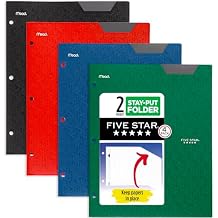 Five Star 2-Pocket Folder, 4 Pack, Plastic Folder with Stay-Put Tabs and Prong Fasteners, Fits 3-Ring Binder, Holds 8-1/2" x 11 Paper, Black, Fire Red, Forest Green, Pacific Blue 38049