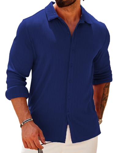 COOFANDY Men's Athletic Fit Dress Shirts for Men Ribbed Knit Fall Fashion Textured Button Up Shirts Slim Fit Wrinkle-Free Untucked Shirt Royal Blue Large