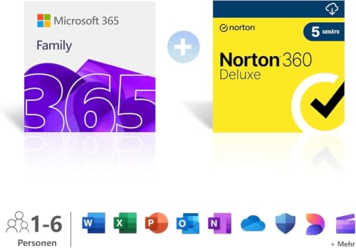 Microsoft 365 Family │ 1 Jahr │ bis zu 6 Personen │ Office Apps mit KI | bis zu 6 TB Cloudspeicher | verlängert für 129,99€ + Norton 360 Deluxe│ 5-Geräte │ 12 Monate │ verlängert für 104€