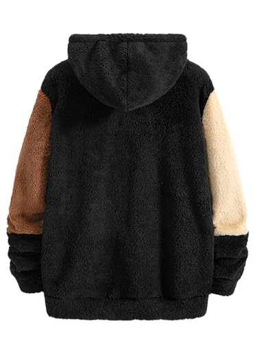 Men's Fluffy Color Blocked Hooded Sweatshirt With Drawstring Loose Long Sleevesslim Fitautumn And Winter Mens Pullover2