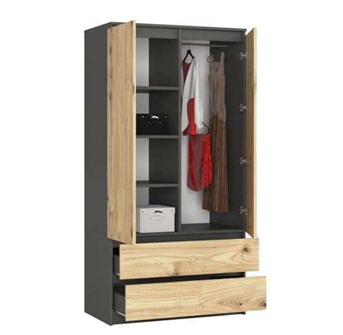 BDW Kleiderschränk 2 Türen, 4 Einlegeböden, Kleiderständer, 2 Schubladen, Mehrzweckschrank, Schubladenschrank, Garderobenschrank für Schlafzimmer, Wohnräume, 180x90x51cm, Grau/Eiche Artisan