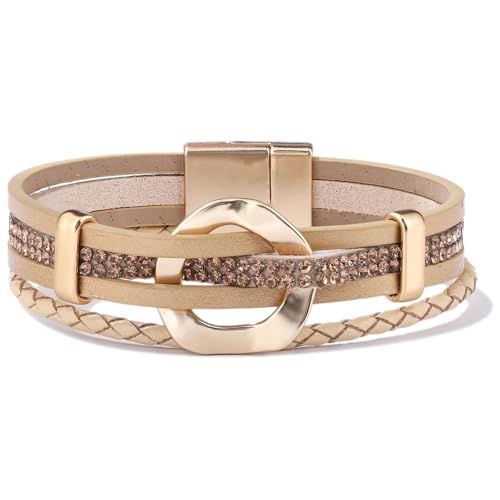 Khaki Rhinestone Leather Wrap Bracelets Boho Braided Stackable Cuff Bangle