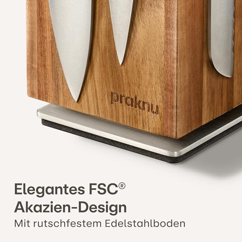 Praknu Messerblock Magnetisch 360° drehbar ohne Messer – FSC® Akazienholz mit Platz für Küchenutensilien – Beidseitiger starker Magnet – Rutschfest