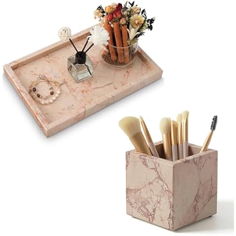 Pink Marble Tray & Pink Marble Toothbrush Holder Set - Modern Bathroom Organizer Cover