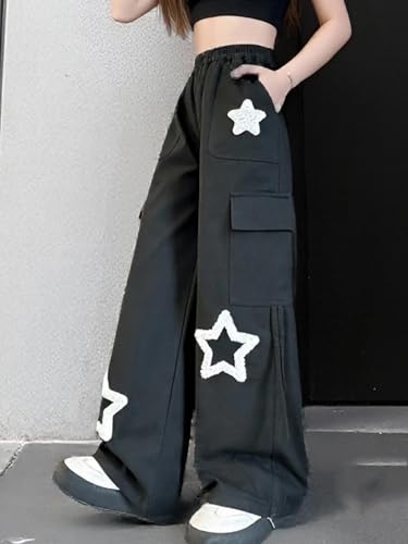 Viatabuna Baggy Cargo Pants for Women Elastic High Waist Star Y2k Straight Wide Leg Multi Pocket Pants Streetwear2