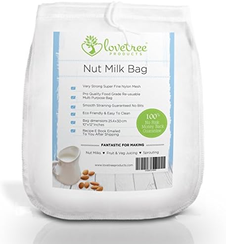 Lovetree Products Nut Milk Bag, Inc Free Recipe E-Book - Professional Filter for Almond, Coconut, Greek Yogurt, Soy Milk, Fruit & Veg Cheesecloth Replacement Reusable Strainer, Strong Nylon Mesh