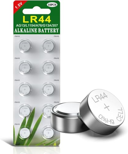 GutAlkaLi LR44 1.5V Alkaline Button Coin Cell Batteries - Pack of 10 for Many Small Electronics, Including Watches, Calculators, and Toys - Compatible with AG13, 357, 303, SR44, and A76 Battery